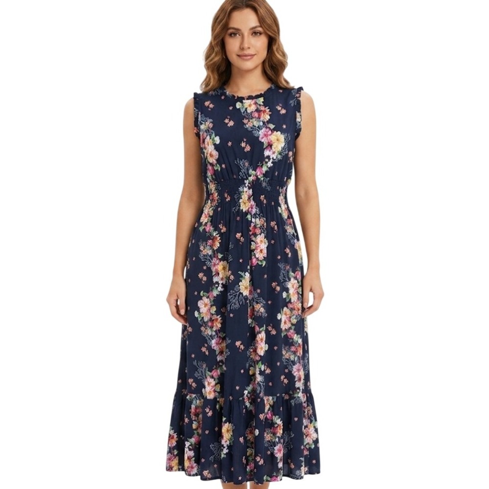 Seven Islands Maxi Dress Women XLarge Navy Blue Floral Smocked Waist Ruffle Boho